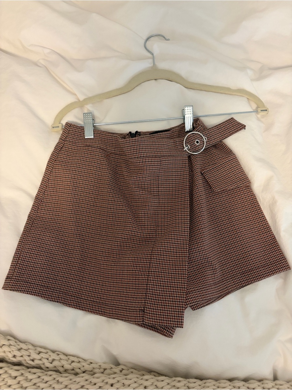 Forever 21 Brown Houndstooth Wrap Skort with Silver Buckle